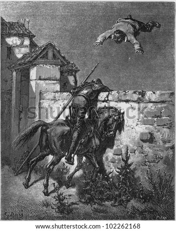 The blanketing of Sancho - Picture from The History of Don Quixote book,  published in 1880, London - UK. Drawings by Gustave Dore.