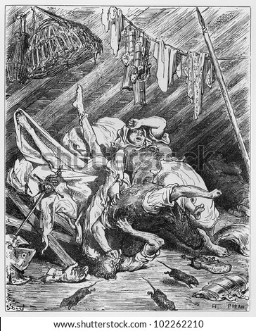Don Quijote and Maritornes in the garret of the sale - Picture from The History of Don Quixote book,  published in 1880, London - UK. Drawings by Gustave Dore.