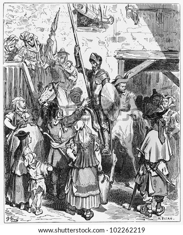Don Quijote and Sancho try to leave the sale - Picture from The History of Don Quixote book,  published in 1880, London - UK. Drawings by Gustave Dore.