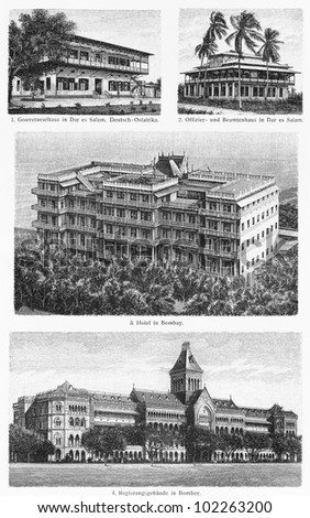 Vintage drawings representing various design of tropical building from the end of 19th century - Picture from Meyers Lexikon book (written in German language) published in 1908 Leipzig - Germany.