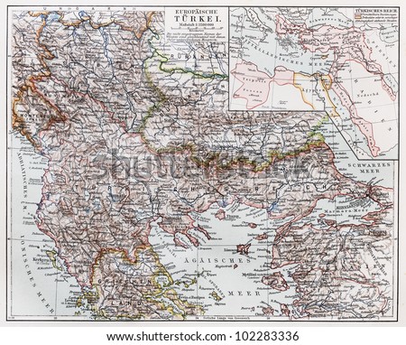 Vintage map of European part of Turkey at the end of 19th century - Picture from Meyers Lexikon book (written in German language) published in 1908 Leipzig - Germany.