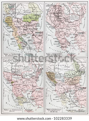 Vintage map representing the Turkish Emire European territories between 1453 and 1885 - Picture from Meyers Lexikon book (written in German language) published in 1908 Leipzig - Germany.
