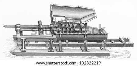 Vintage drawing of a Peat Twin-screw machine from the beginning of 20th century -  Picture from Meyers Lexikon book (written in German language) published in 1908 Leipzig - Germany.