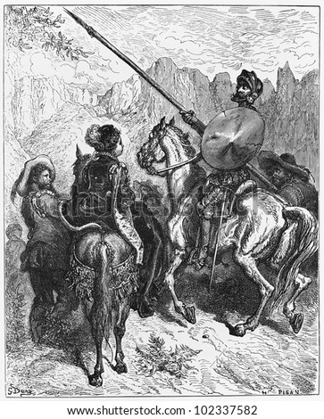 Don Quijote and Princess Micomicona - Picture from The History of Don Quixote book,  published in 1880, London - UK. Drawings by Gustave Dore.