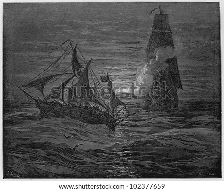 The ship of the French privateers - Picture from The History of Don Quixote book,  published in 1880, London - UK. Drawings by Gustave Dore.