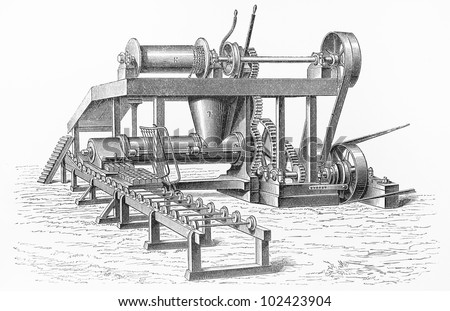 Vintage drawing of Clayton and Howlett design Peat machine - Picture from Meyers Lexikon book (written in German language) published in 1908 Leipzig - Germany.