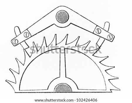 Vintage drawing representing a Shear anchor escapement clock mechanism from 19th century - Picture from Meyers Lexikon book (written in German language) published in 1908 Leipzig - Germany.
