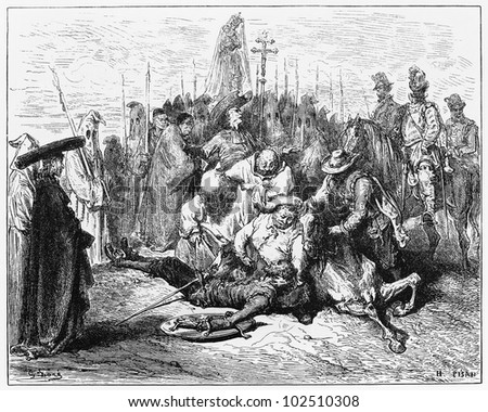 Don Quijote, wounded by the penitents - Picture from The History of Don Quixote book, published in 1880, London - UK. Drawings by Gustave Dore.