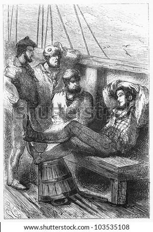 Joe talking with the sailors - Picture from the Jules Verne - Five Weeks in a Balloon book, published in 1881, Paris - France. Drawing by Edouard Riou.