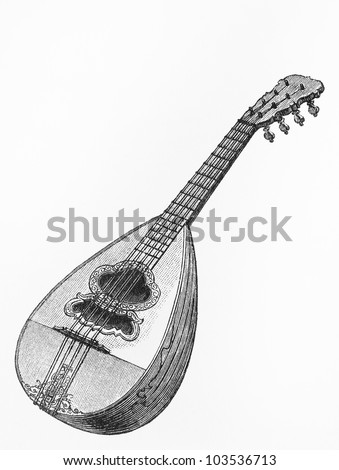 Vintage 19th century drawing representing a Mandolin musical instrument - Picture from Meyers Lexikon book (written in German language) published in 1908 Leipzig - Germany.