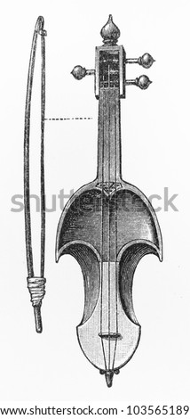 Vintage 19th century drawing of a Ravanastron musical instrument - Picture from Meyers Lexikon book (written in German language) published in 1908 Leipzig - Germany.
