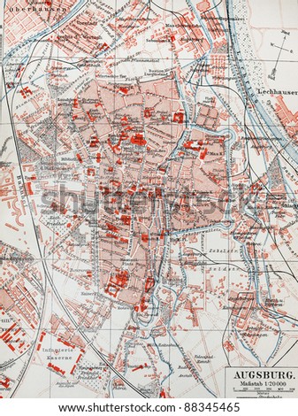 19th century old map of Augsburg. Picture from the original Meyer Lexicon book edition 1908.