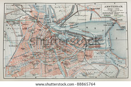 Vintage map of Amsterdam. Picture from the original Meyers Lexicon (written  German language) book edition 1905.
