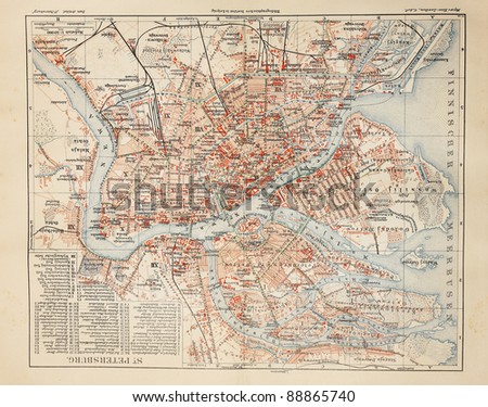 Old map from the end of 19th century of  Saint Petersburg. Picture from the original  Meyers Lexicon (written  German language) book edition 1908.