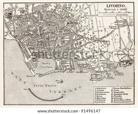 Vintage map of Livorno-  Picture from Meyers Lexicon books collection (written in German language ) published in 1908.
