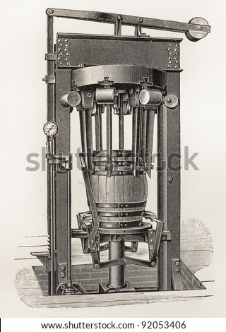 Vintage barrel making machine from the beginning of 20th century -  Picture from Meyers Lexicon books collection (written in German language ) published in 1906 , Germany.