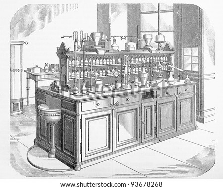Vintage chemistry lab from the end of 19th century - Picture from Meyers Lexicon books collection (written in German language ) published in 1908 , Germany.