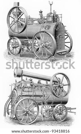 Vintage Steam-engine transport machines from the beginning of 20th century  - Picture from Meyers Lexicon books collection (written in German language ) published in 1908 , Germany.