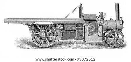 Vintage steam engine truck from the end of 19th century - Picture from Meyers Lexicon books collection (written in German language ) published in 1908 , Germany.