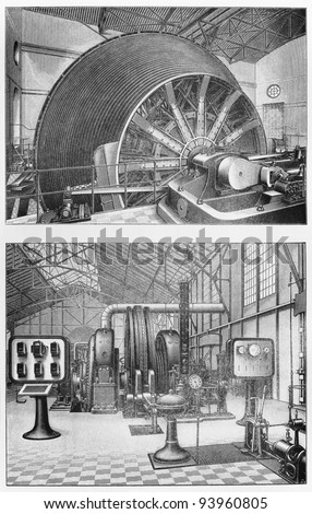 Vintage industrial machine from the end of 19th century - Picture from Meyers Lexicon books collection (written in German language ) published in 1908 , Germany.