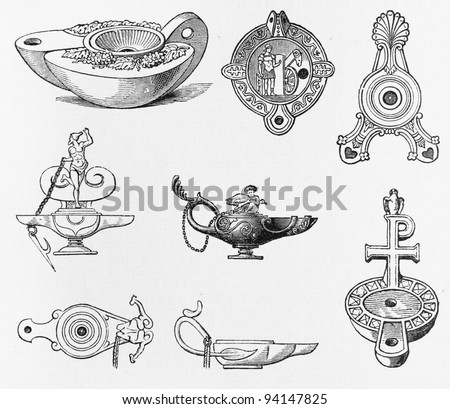 Vintage oil lamps from the ancient period - Picture from Meyers Lexicon books collection (written in German language ) published in 1908 , Germany.