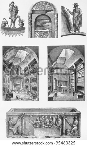 Vintage drawing representing Christian antiquities and altars -  Picture from Meyers Lexicon books collection (written in German language ) published in 1906 , Germany.