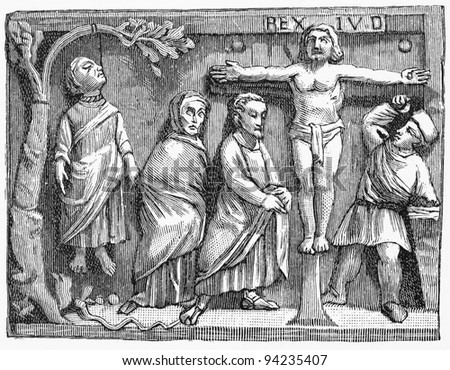 Vintage drawing representing the crucifixion of Jesus and hanging of Judas -  Picture from Meyers Lexicon books collection (written in German language ) published in 1906 , Germany.
