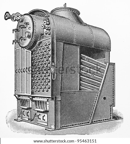 Vintage drawing of a steamboat steam boilers at the beginning of 20th century -  Picture from Meyers Lexicon books collection (written in German language ) published in 1906 , Germany.