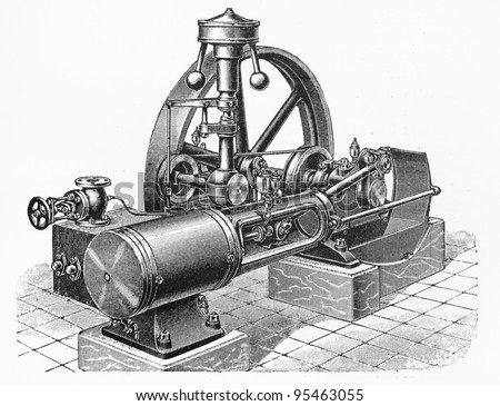Vintage drawing of  one cylinder steam machine from the end of 19th century -  Picture from Meyers Lexicon books collection (written in German language ) published in 1906 , Germany.