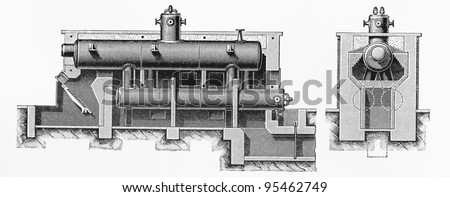 Vintage drawing of a simple cylindrical boiler machine from the end of 19th century -  Picture from Meyers Lexicon books collection (written in German language ) published in 1906 , Germany.