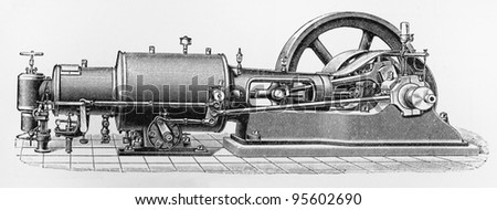 Vintage drawing of a industrial hot steam machine from the beginning of 20th century -  Picture from Meyers Lexicon books collection (written in German language ) published in 1906 , Germany.