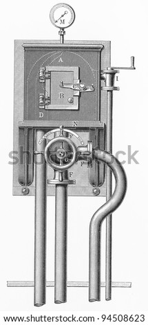 Vintage drawing of a pneumatic tube apparatus from the beginning of 20th century - Picture from Meyers Lexicon book  (written in German language ) published in 1909, Germany.
