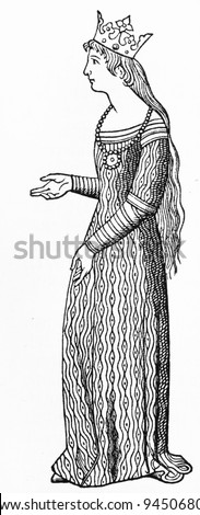 Drawing of a medieval aristocrat woman - Picture from Meyers Lexicon book (written in German language ) published in 1906, Germany.