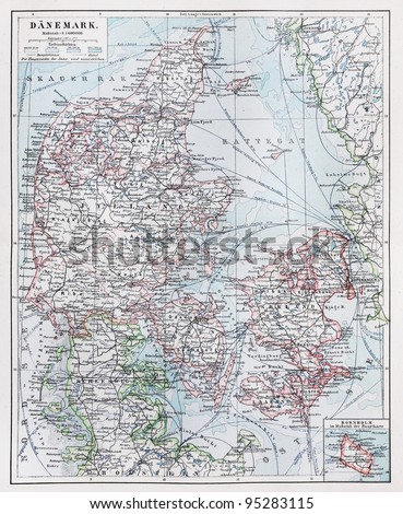 Vintage map of Denmark at the beginning of 20th century - Picture from Meyers Lexicon books collection (written in German language ) published in 1906 , Germany.