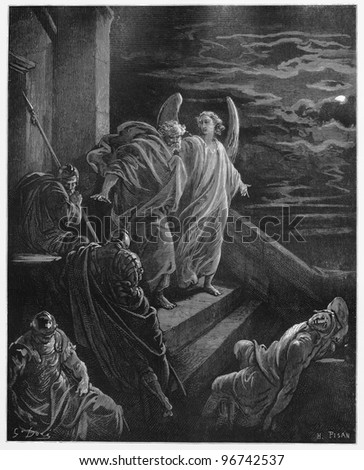 Peter Is Delivered from Prison - Picture from The Holy Scriptures, Old and New Testaments books collection published in 1885, Stuttgart-Germany. Drawings by Gustave Dore.