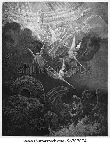 The Woman and Dragon - Picture from The Holy Scriptures, Old and New Testaments books collection published in 1885, Stuttgart-Germany. Drawings by Gustave Dore.