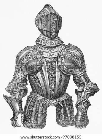 Armour with burgonet helm, Italian work, 16th century - Picture from Meyers Lexicon books collection (written in German language ) published in 1909 , Germany.