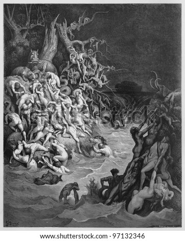 The world destroyed by water - Picture from The Holy Scriptures, Old and New Testaments books collection published in 1885, Stuttgart-Germany. Drawings by Gustave Dore.