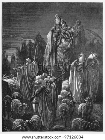 Jacob moved to Egypt - Picture from The Holy Scriptures, Old and New Testaments books collection published in 1885, Stuttgart-Germany. Drawings by Gustave Dore.