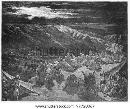The giving of the Law upon Mt. Sinai - Picture from The Holy Scriptures, Old and New Testaments books collection published in 1885, Stuttgart-Germany. Drawings by Gustave Dore.