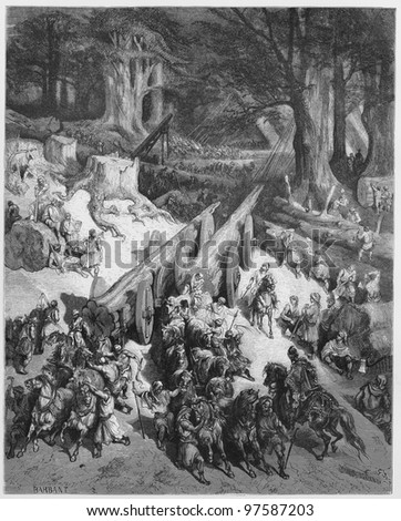 Cedars are cut down for the temple - Picture from The Holy Scriptures, Old and New Testaments books collection published in 1885, Stuttgart-Germany. Drawings by Gustave Dore.
