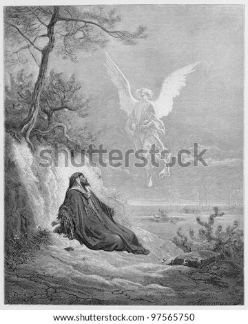 Elijah is nourished by an Angel -  Picture from The Holy Scriptures, Old and New Testaments books collection published in 1885, Stuttgart-Germany. Drawings by Gustave Dore.