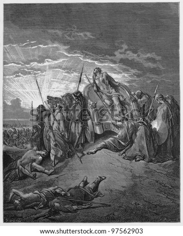 The death of Ahab -  Picture from The Holy Scriptures, Old and New Testaments books collection published in 1885, Stuttgart-Germany. Drawings by Gustave Dore.