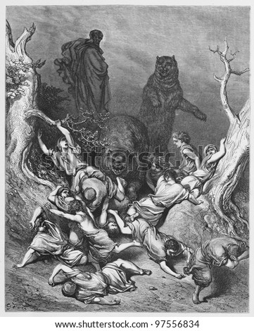 The Children Destroyed by Bears - Picture from The Holy Scriptures, Old and New Testaments books collection published in 1885, Stuttgart-Germany. Drawings by Gustave Dore.
