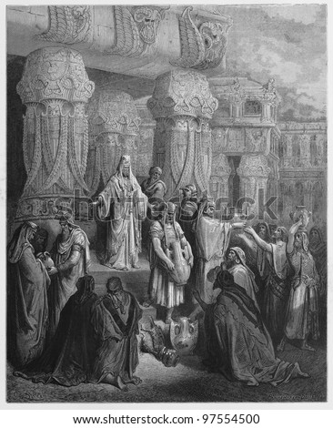 Cyrus king of Persia restores the gold and silver - Picture from The Holy Scriptures, Old and New Testaments books collection published in 1885, Stuttgart-Germany. Drawings by Gustave Dore.