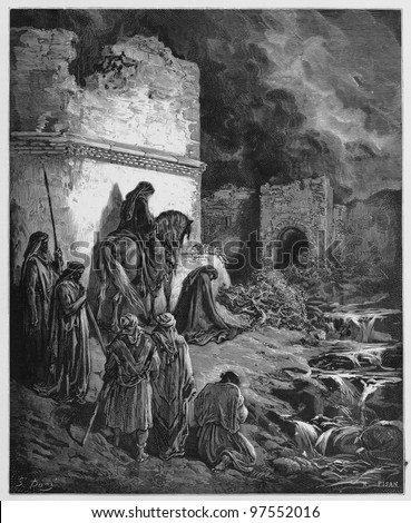 Nehemiah views the ruins of Jerusalem\'s walls - Picture from The Holy Scriptures, Old and New Testaments books collection published in 1885, Stuttgart-Germany. Drawings by Gustave Dore.
