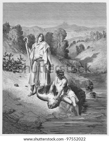 Tobias and the Angel Raphael - Picture from The Holy Scriptures, Old and New Testaments books collection published in 1885, Stuttgart-Germany. Drawings by Gustave Dore.