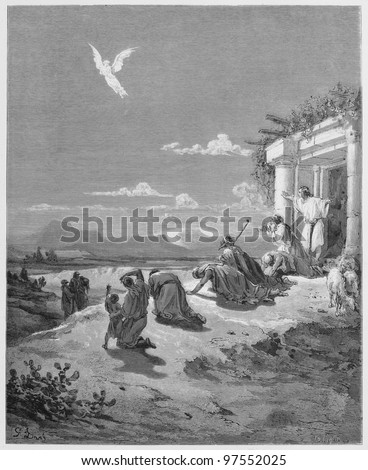 The Angel Raphael and the Family of Tobit - Picture from The Holy Scriptures, Old and New Testaments books collection published in 1885, Stuttgart-Germany. Drawings by Gustave Dore.