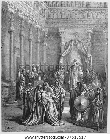 Esther before the King - Picture from The Holy Scriptures, Old and New Testaments books collection published in 1885, Stuttgart-Germany. Drawings by Gustave Dore.