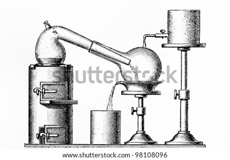 Distillation installation with a simple cooling from the beginning of 20th century -  Picture from Meyers Lexicon books collection (written in German language ) published in 1906 , Germany.